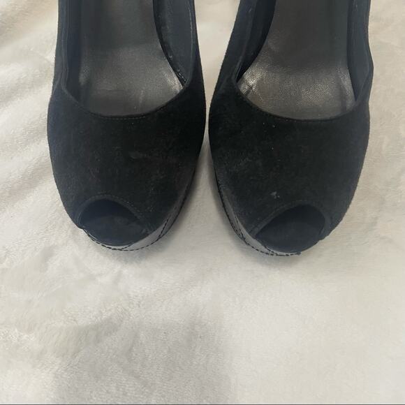 Stuart Weitzman black suede peep toe pumps high heels bow size 9.5 - Picture 6 of 9